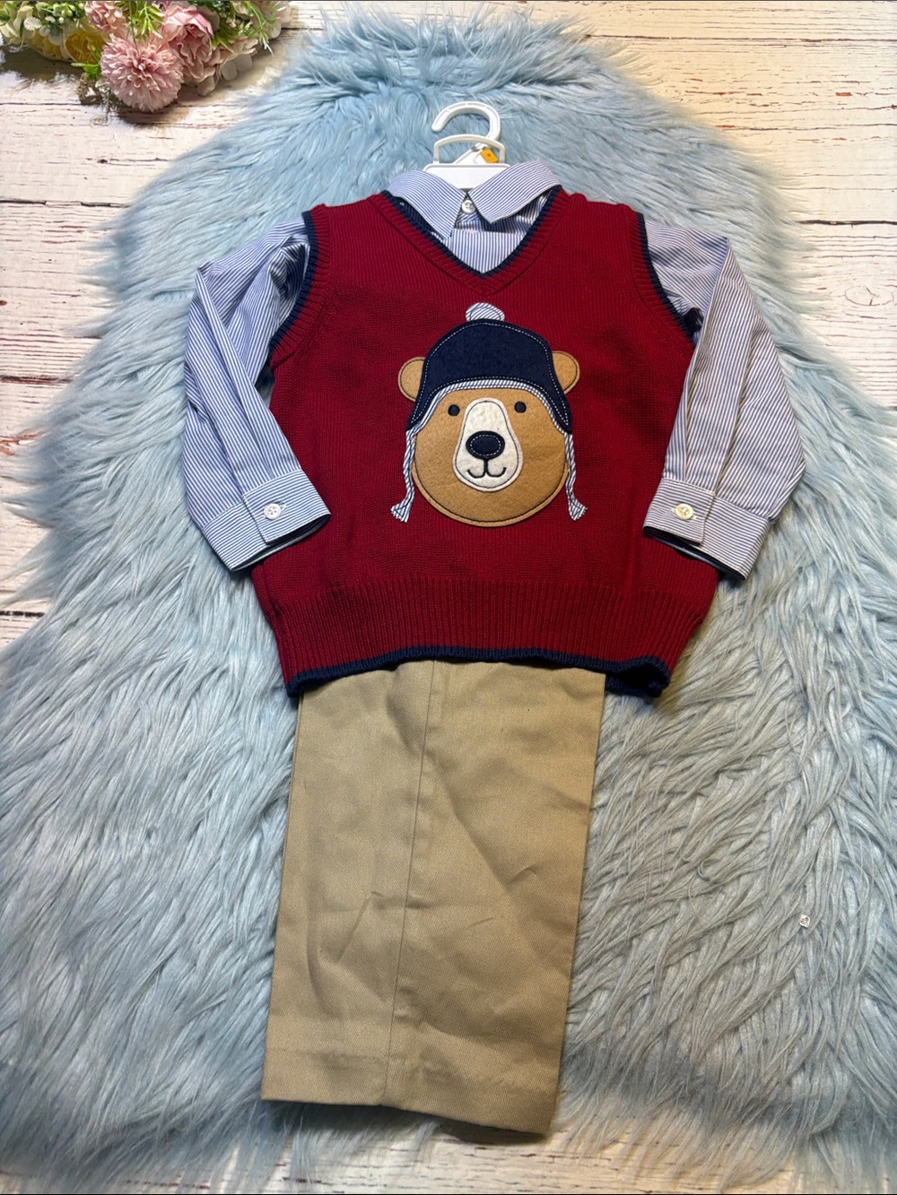 NWT TFW Red Bear Appliqué Knit Vest Shirt Pants 3 Piece Set